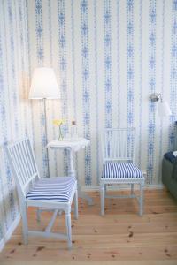 twee stoelen en een tafel in een kamer met behang bij Polhem Bed & Breakfast in Falun