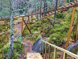 a wooden bridge in the middle of a forest at 4 person holiday home in KERSBERGA in Åkersberga