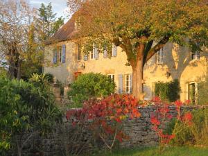 una pared de piedra frente a una casa con un árbol en La Bruyle - Chambre d'hôtes de charme en Saint-Michel-de-Bannières