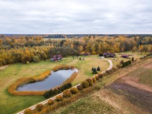 una vista aérea de una granja con un estanque en Līčupes en (( Strēli ))