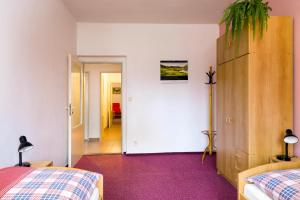 - une chambre avec 2 lits et moquette violette dans l'établissement Apartmán Hromovka Špindlerův Mlýn, à Špindlerův Mlýn