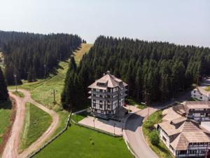 an aerial view of a building on a hill with trees at VILA JEZERO in Kopaonik