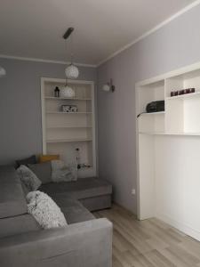 a living room with a gray couch and white walls at Apartament Detka in Nowy Targ