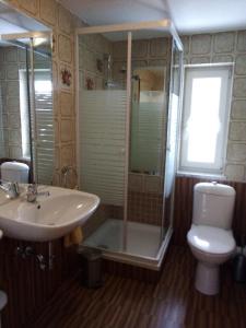 ein Bad mit einer Dusche, einem Waschbecken und einem WC in der Unterkunft Ferienwohnungen Kilger in Mauth