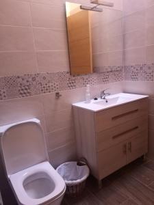Un baño con inodoro, lavabo y espejo. en Apartamento Rural La Brígida, Rubiaco, LAS HURDES nº TR-CC-295, en El Rubiaco 8 fotos más
