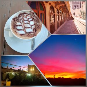 斯庫拉的住宿－Espace Kasbah Amridil，一杯咖啡,在背景中欣赏日落