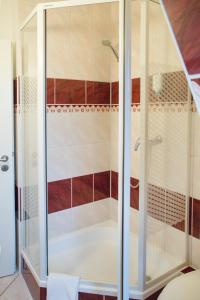 a shower with a glass door in a bathroom at Hotel Nordig in Flensburg