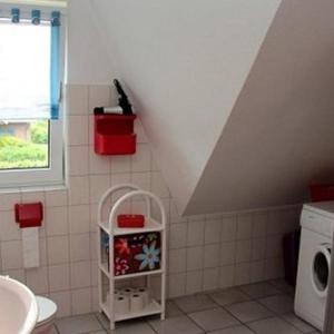 a bathroom with a sink and a toilet and a window at Ferienwohnung-Wiesengrund in Petersdorf auf Fehmarn