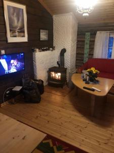 a living room with a wood stove and a television at Cottage Lavkavann Finnmarksvidda in Skoganvarre