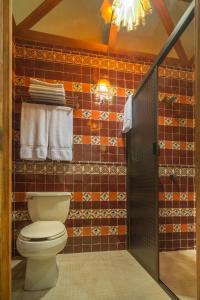 Baño con aseo y toallas en la pared en Hotel Casa del Naranjo en Pátzcuaro
