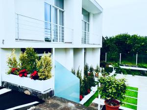 a white building with a balcony and some plants at Casa A'Ispenza in Santa Venerina