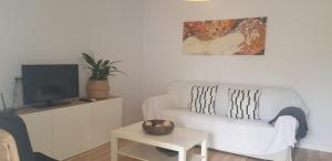 a living room with a white couch and a tv at Casa Angy 3 in Zahora +5 photos