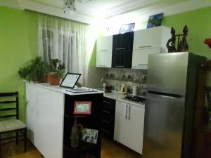 La cuisine est équipée de placards blancs et d'un réfrigérateur en acier inoxydable. dans l'établissement Guest House Karati, à Khulo