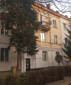 a white house with a tree in front of it at Park Residence in Bacău