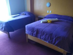a bedroom with two beds with blue sheets and flowers at Hostal Lucky Puno in Puno +19 photos