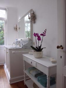 La salle de bains est pourvue d'un lavabo et d'un miroir orné de fleurs violettes. dans l'établissement Apartments Suites in Antwerp, à Anvers