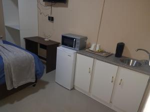 une cuisine avec un évier et un micro-ondes sur un comptoir dans l'établissement Helpful lodge, au Cap