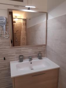 een badkamer met een wastafel en een grote spiegel bij Friedrich Apartments in Merano