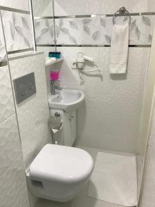 a small white bathroom with a toilet and a sink at Beyhan Hotel in Istanbul