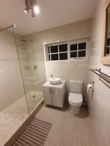Un baño con inodoro, lavabo y ducha. en Valley View, en Plettenberg Bay