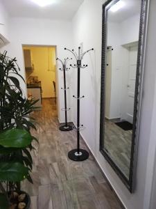 un espejo en una pared con dos postes en una habitación en Örökzöld Apartman Szeged, en Szeged