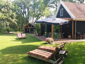 a couple of chairs and an umbrella in a yard at B&B Immer met Moed in Vledder