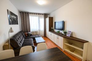 een woonkamer met een bank en een televisie bij Belvedere Holiday Club ...VIP ap. in Bansko
