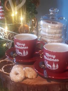 two cups of coffee and donuts on a table with a christmas tree at Il Nido dei Sogni in Sanzeno