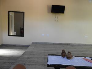 a room with a mirror and a table with two figurines at Departamento nuevo,amplio y cercano al centro en Posadas in Posadas