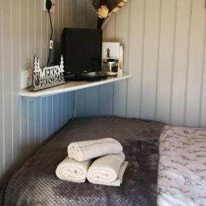 蘭德林多德威爾斯的住宿－Pen-Rhos luxury glamping "Cuckoo's Nest"，一间房间,床上配有两条毛巾和显示器