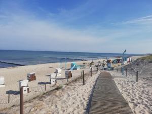 una spiaggia con un sentiero in legno che conduce all'oceano di Pension Fürst Borwin a Markgrafenheide