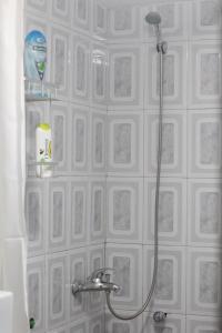 bagno con doccia e parete piastrellata di Tufina Hostel a Tirana