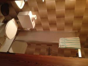 uma casa de banho com um WC e uma toalha numa prateleira em Alpengasthaus Sonnhof em Goding