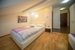 ein Schlafzimmer mit einem großen Bett und einem Gemälde an der Wand in der Unterkunft F Apartmani Kragujevac in Kragujevac
