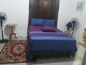 a bedroom with a bed with blue and purple pillows at Fay Guest House in Negril
