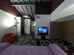 a bedroom with a bed and a tv in a room at 17 da Rua da Estação in São Pedro do Corval