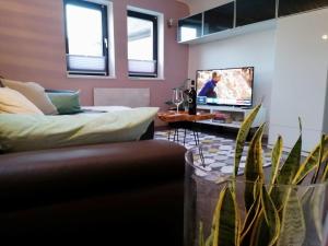 a living room with a couch and a tv at My Happy Place in Ochsenfurt