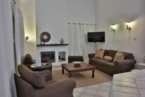 sala de estar con 2 sofás y chimenea en Nestor Hillside House by TrulyCyprus en Moniatis