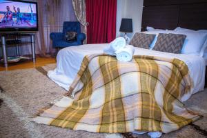 Cette chambre comprend un lit avec une couverture et une télévision. dans l'établissement ORNAVA Boutique Apartments, à Ternopil