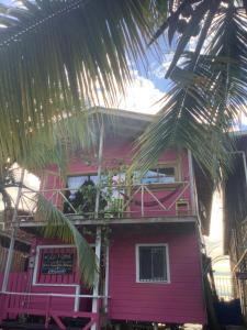 una casa rosa con una palmera delante de ella en Life is good casa, en Istmito