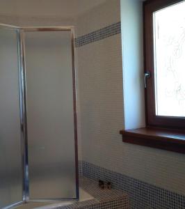 y baño con ducha y puerta de cristal. en Guesthouse Kalosorisma en Tsagarada