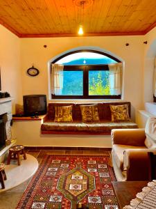 a living room with a couch and a window at Elati's traditional and cosy home in Eláti