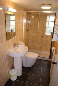 uma casa de banho com um lavatório, um WC e um chuveiro em Selkirk Arms Hotel em Kirkcudbright