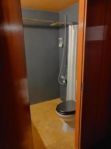 W łazience znajduje się czarna toaleta i prysznic. w obiekcie Z Studio - next door to Vals Therme w mieście Vals