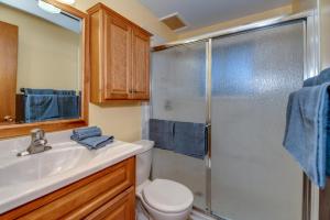 a bathroom with a shower and a toilet and a sink at Pet Friendly Sleeps 12 near Garden of the Gods AF in Colorado Springs +14 photos