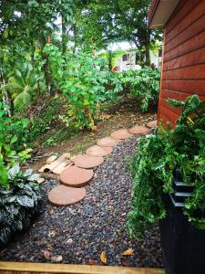 a stepping stone walkway in a garden next to a house at Bungalow Maelie in La Trinité