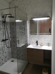 La salle de bains est pourvue d'une douche et d'un lavabo. dans l'établissement Bungalow Maelie, à La Trinité