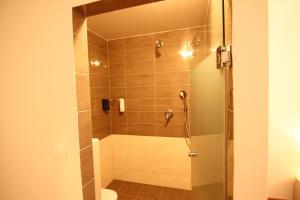 La salle de bains est pourvue d'une douche avec une porte en verre. dans l'établissement Rooms XXL, à Zagreb