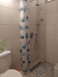 une salle de bain avec un rideau de douche et des toilettes dans l'établissement Lotus turtle garden Eilat, à Eilat