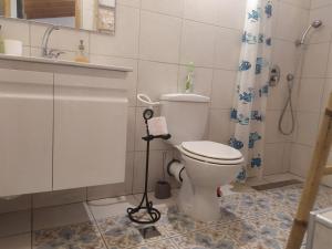 une salle de bain avec des toilettes blanches et une douche dans l'établissement Lotus turtle garden Eilat, à Eilat 16 autres photos